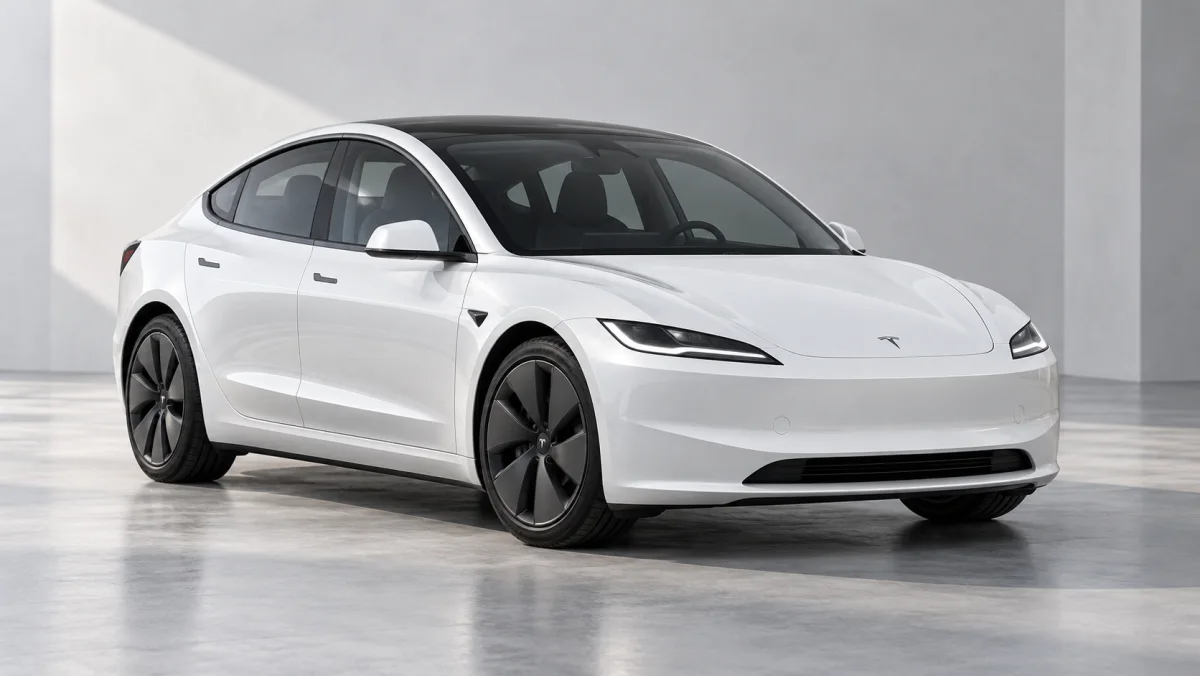 Illustration of a white electric sedan in a minimalist studio
