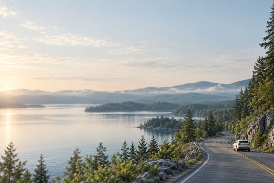An electric road trip beside a mountain lake