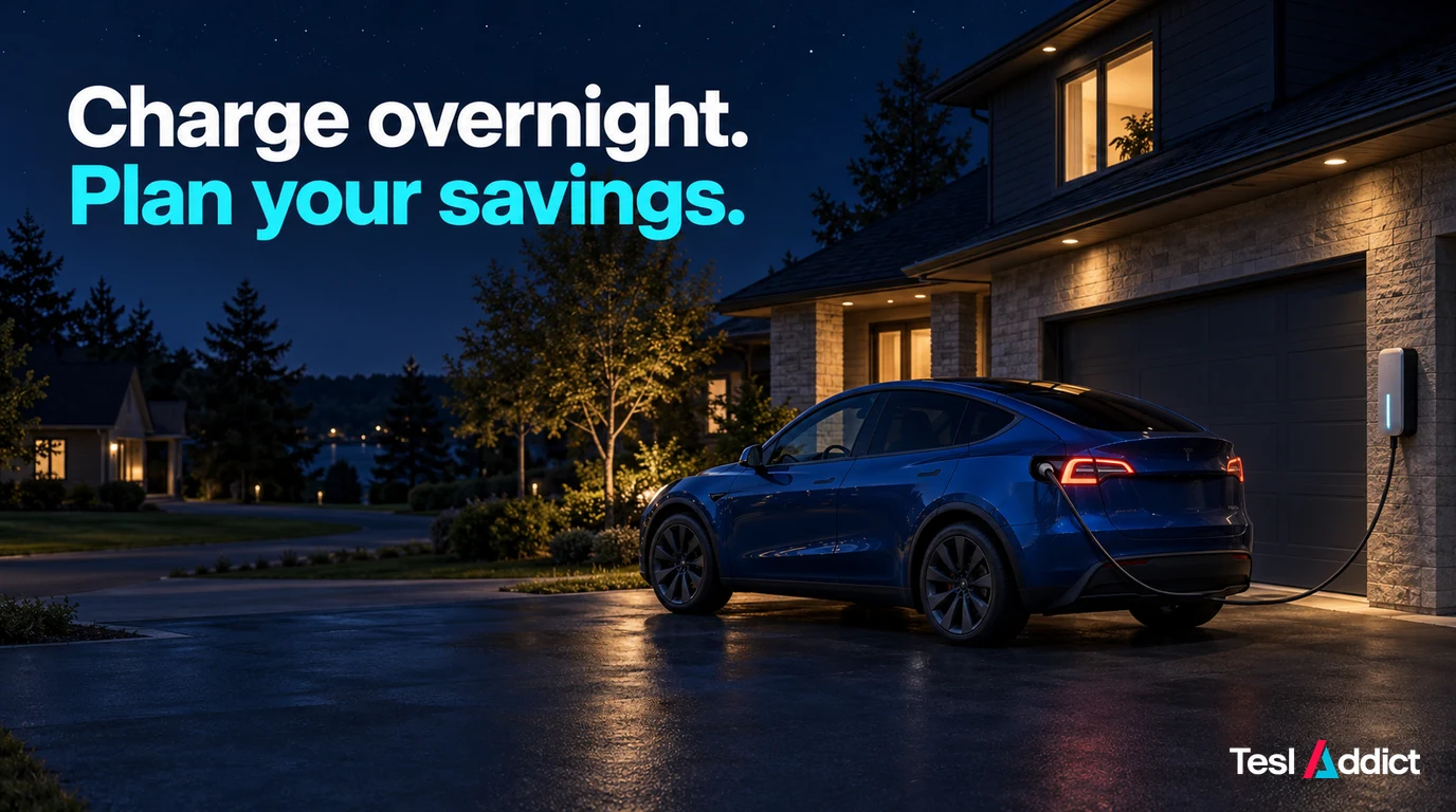 Electric vehicle charging outside a home at night, with the words Charge overnight. Plan your savings.