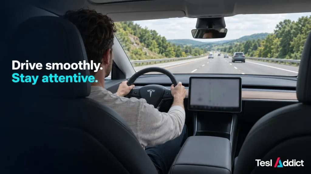 Driver holding the steering wheel on a clear highway, with the words Drive smoothly. Stay attentive.