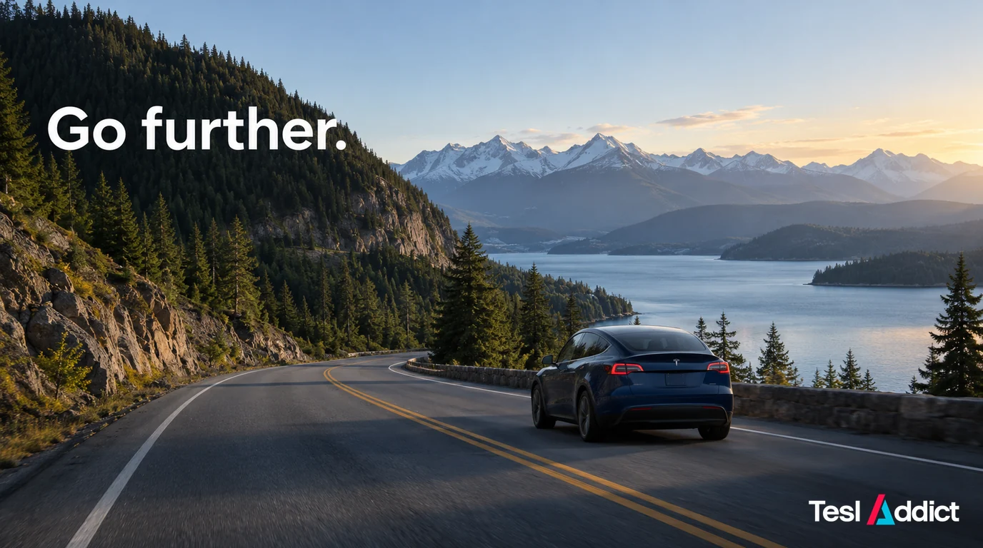 Blue Tesla on a lakeside mountain road beside the words βGo further.β