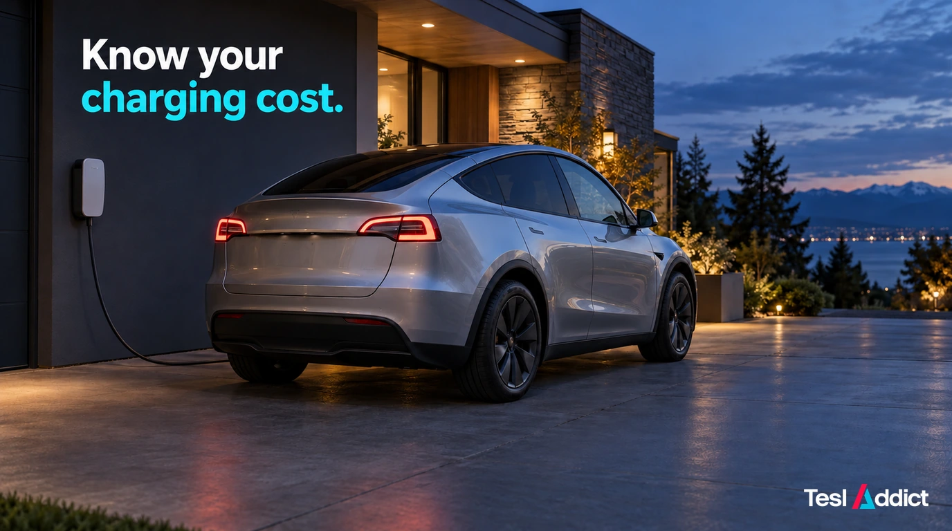 Electric vehicle at a home charging point, with the words Know your charging cost.