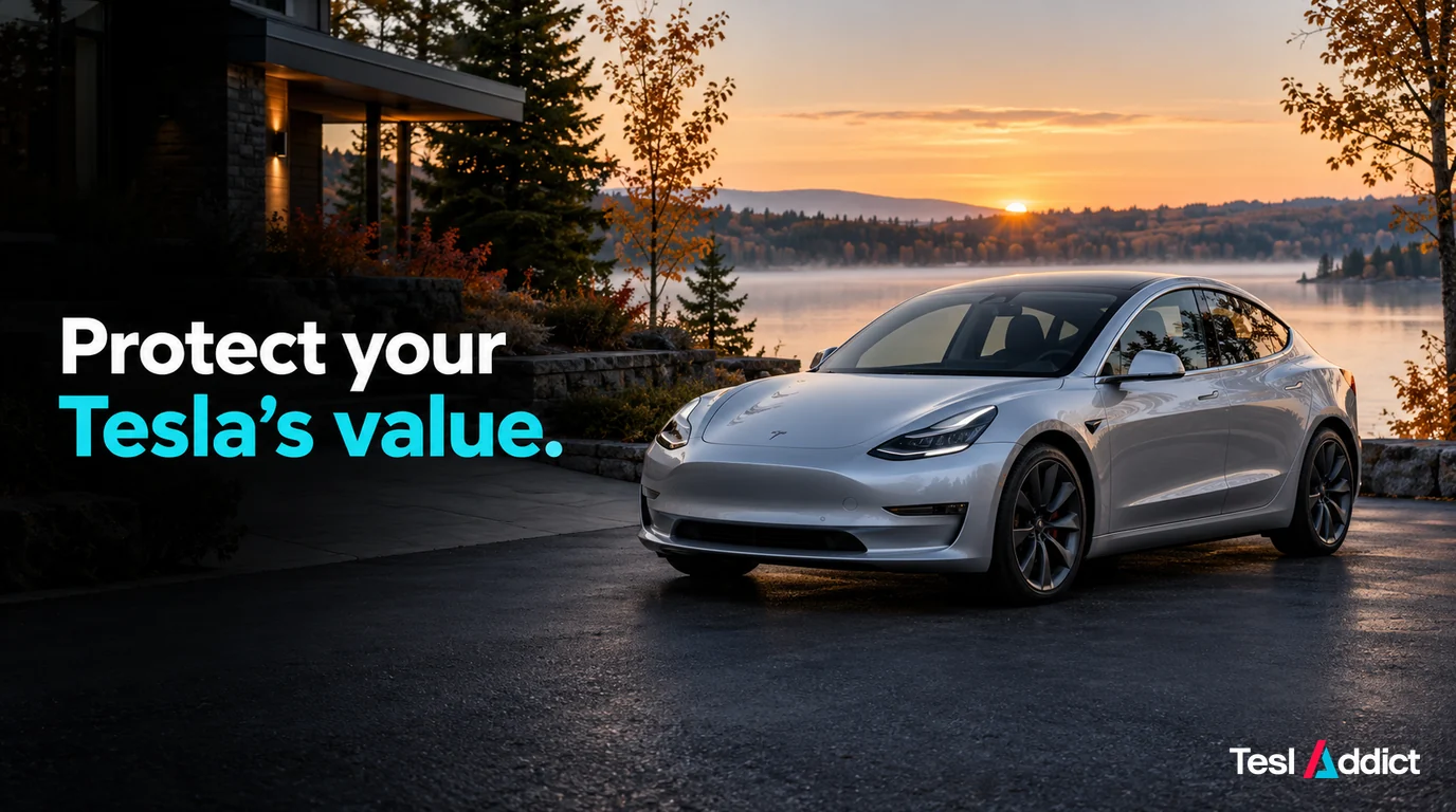 Silver Tesla-style sedan beside a lakeside home, with the words Protect your Tesla’s value.