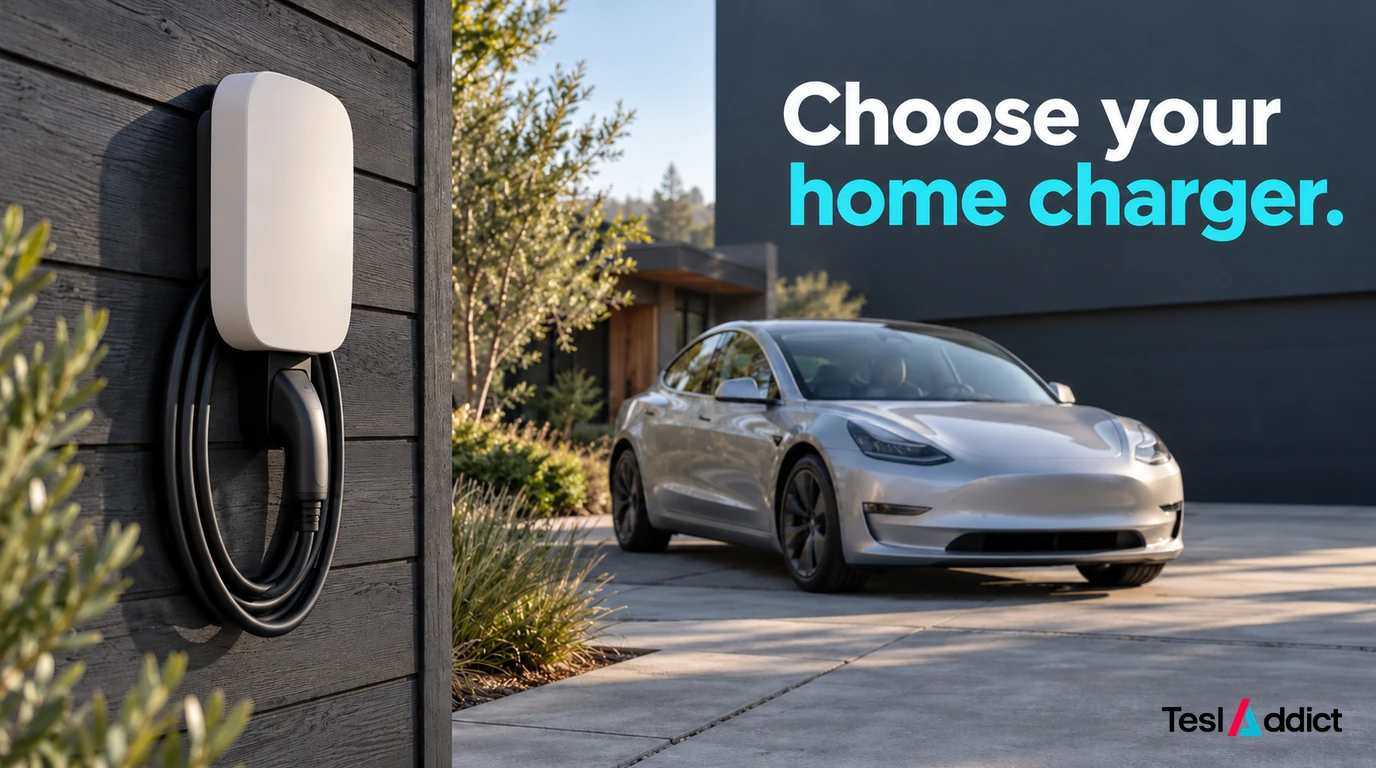 Home charger beside a parked electric vehicle, with the words Choose your home charger.