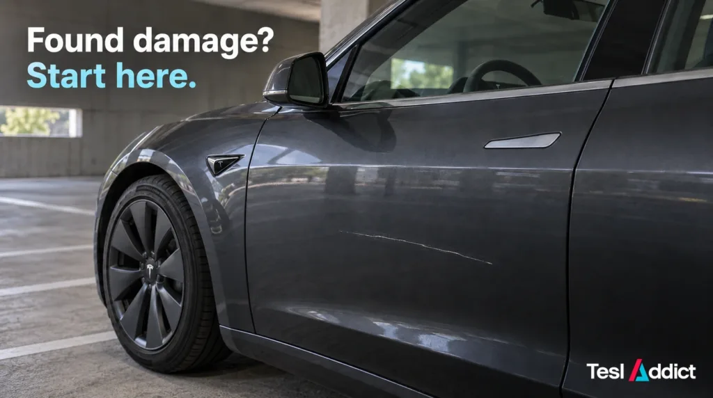 Scratch on a graphite Tesla door beside the words “Found damage? Start here.”