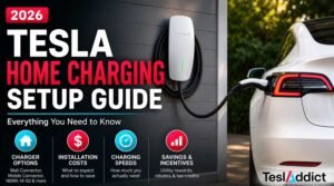 Tesla Model Y charging at home with Tesla Wall Connector illustrating home EV charging setup options, installation costs, charging speeds, and savings.