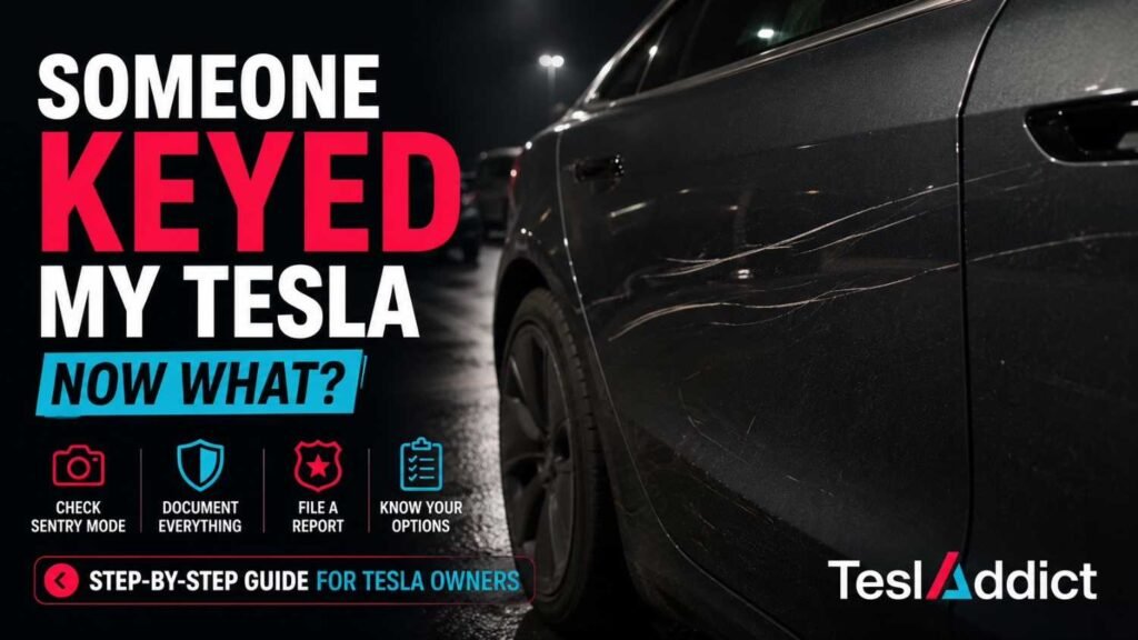 Tesla Model Y vandalism damage with scratch on door and step-by-step guide for Tesla owners