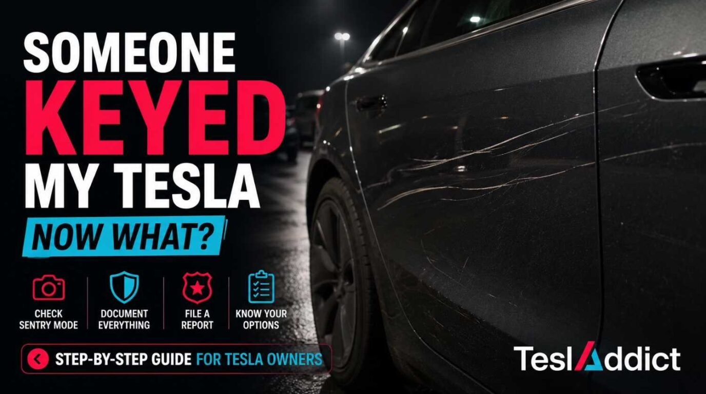 Tesla Model Y vandalism damage with scratch on door and step-by-step guide for Tesla owners