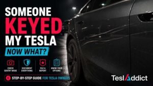 Tesla Model Y vandalism damage with scratch on door and step-by-step guide for Tesla owners