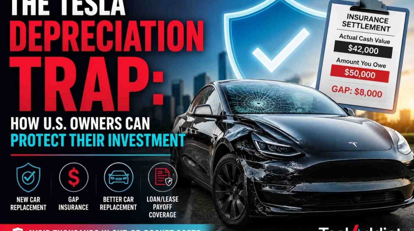 Tesla depreciation protection guide showing a damaged Tesla, insurance payout gap, GAP insurance, and new car replacement coverage options for U.S. owners.