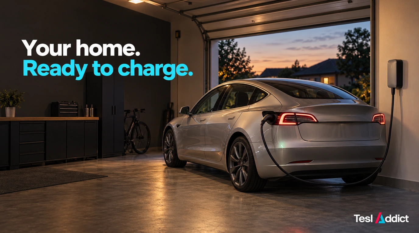 Electric vehicle charging in a modern home garage beside the words Your home. Ready to charge.