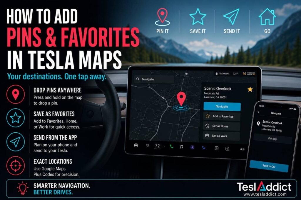 Tesla Maps showing how to add pins, save favorite locations, and send destinations from the Tesla mobile app.