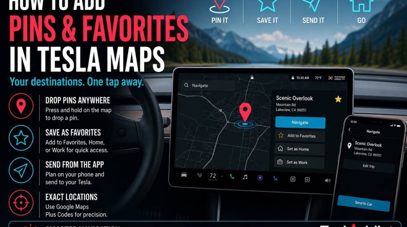 Tesla Maps showing how to add pins, save favorite locations, and send destinations from the Tesla mobile app.
