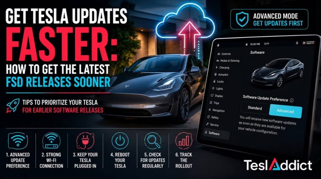 Tesla software update screen showing how to receive Tesla software updates and Full Self-Driving (FSD) releases faster using Advanced update preferences.