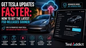 Tesla software update screen showing how to receive Tesla software updates and Full Self-Driving (FSD) releases faster using Advanced update preferences.