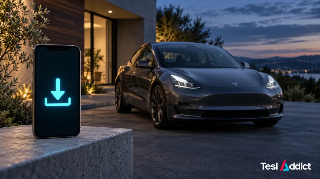 Graphite-grey Tesla Model 3 beside a phone displaying a cyan download symbol.