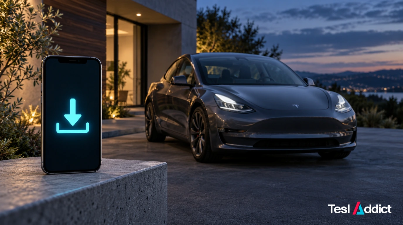 Graphite-grey Tesla Model 3 beside a phone displaying a cyan download symbol.