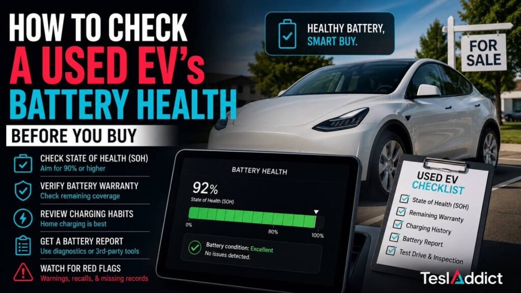 Used electric vehicle battery health check showing diagnostic report and Tesla before buying a used EV.