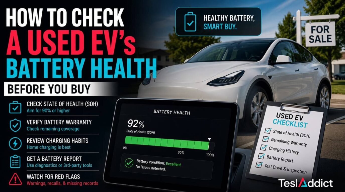 Used electric vehicle battery health check showing diagnostic report and Tesla before buying a used EV.