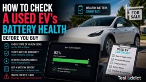 Used electric vehicle battery health check showing diagnostic report and Tesla before buying a used EV.