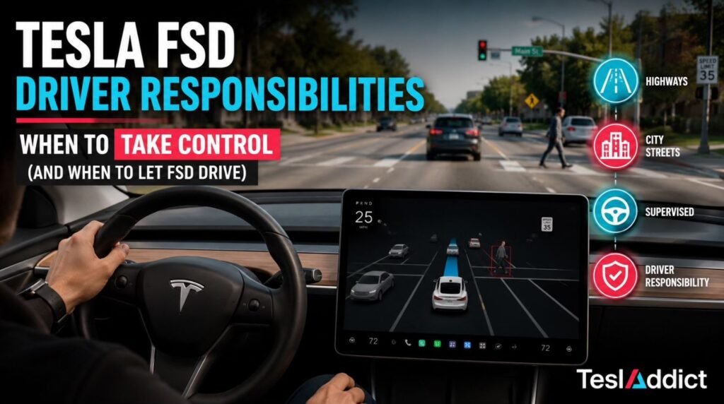 Tesla Full Self-Driving (FSD) driver responsibilities guide showing when drivers should take control and when to let FSD continue.