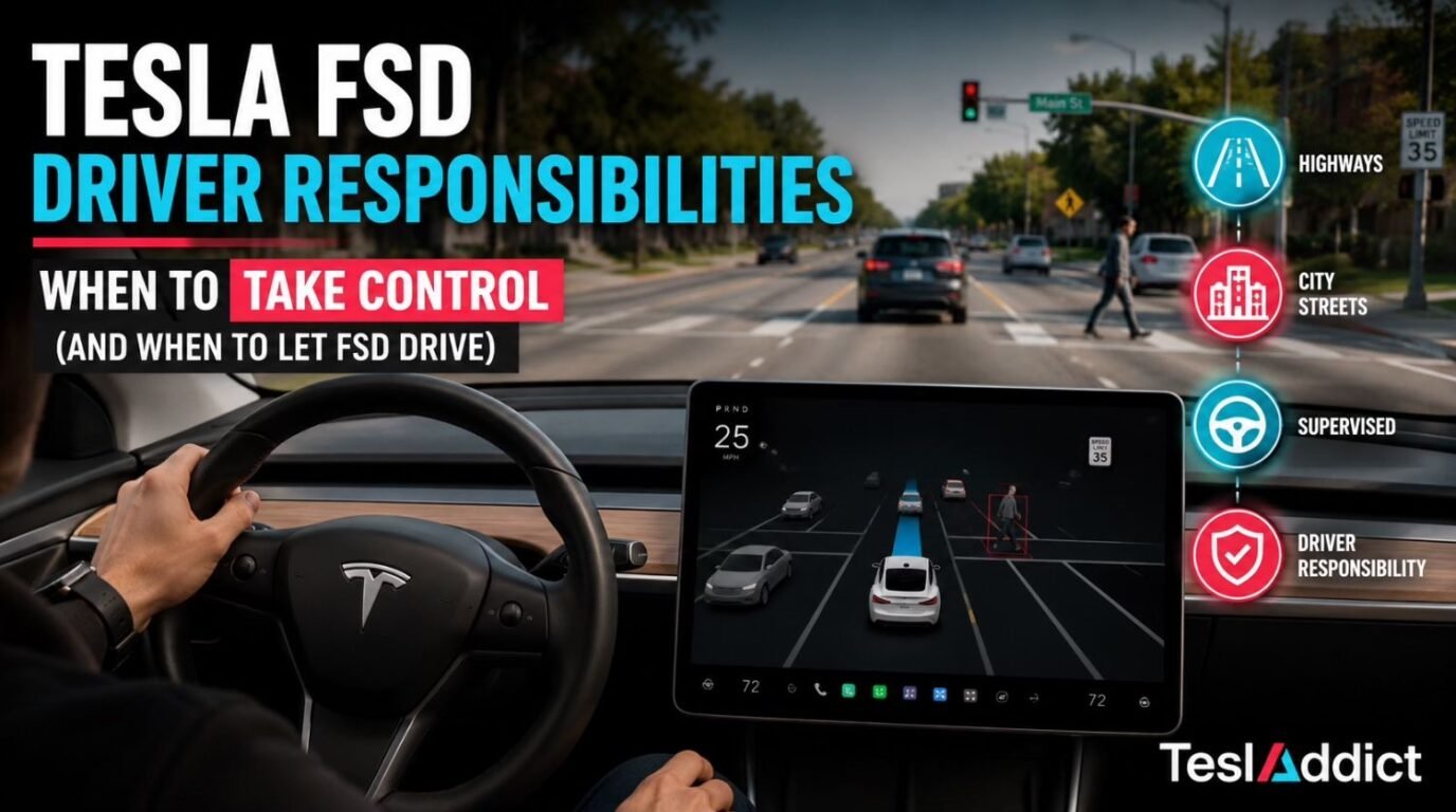Tesla Full Self-Driving (FSD) driver responsibilities guide showing when drivers should take control and when to let FSD continue.