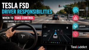 Tesla Full Self-Driving (FSD) driver responsibilities guide showing when drivers should take control and when to let FSD continue.