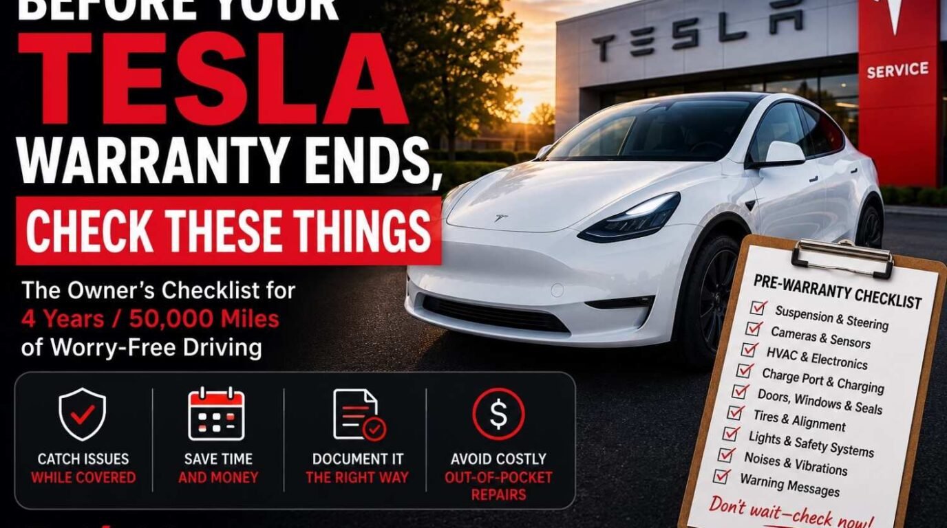 Tesla warranty expiring checklist showing a Tesla at a Service Center and pre-warranty inspection items