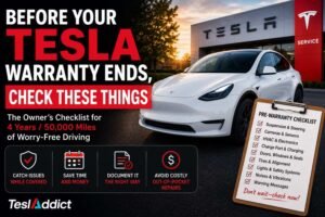 Tesla warranty expiring checklist showing a Tesla at a Service Center and pre-warranty inspection items