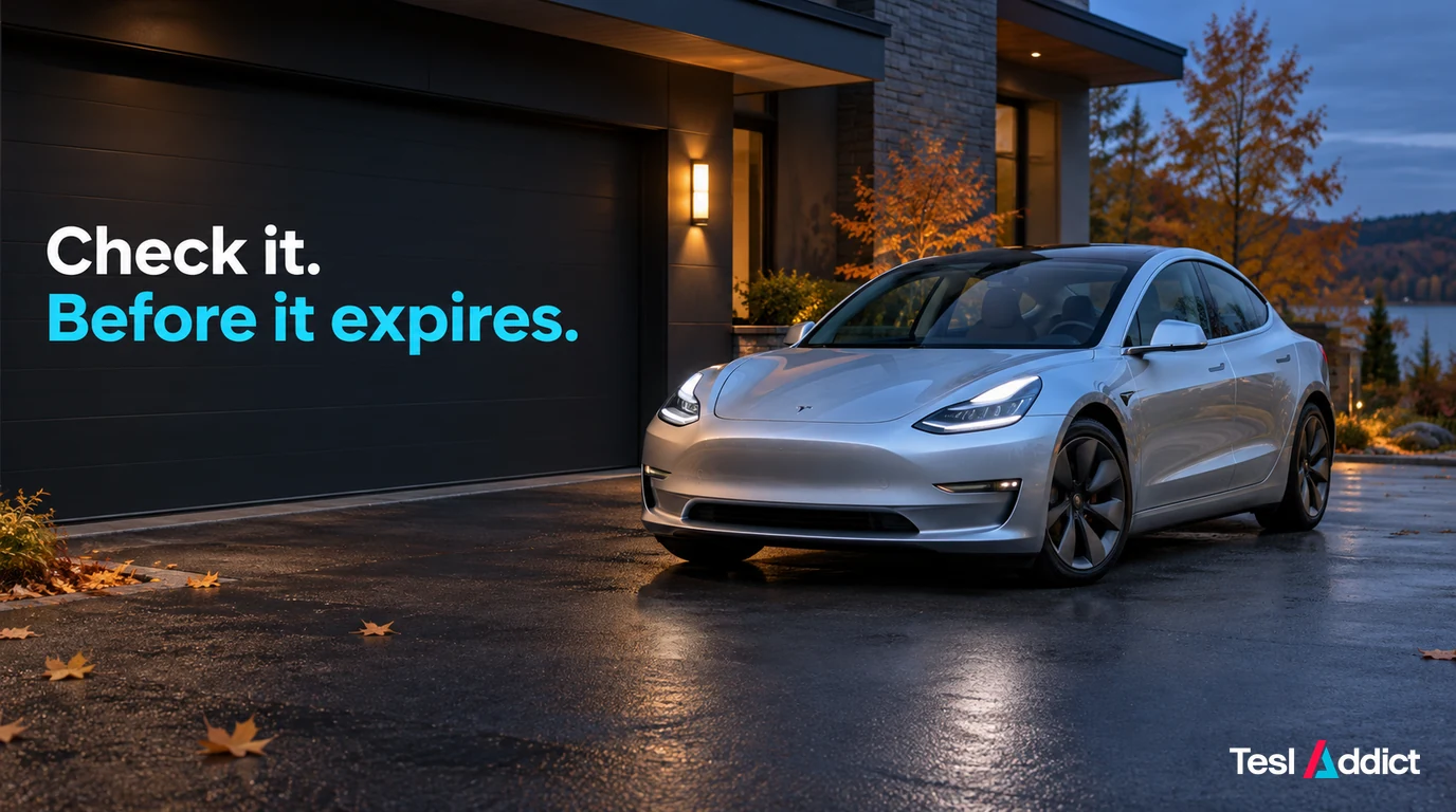 Silver Tesla-style sedan at a home garage beside the words Check it. Before it expires.