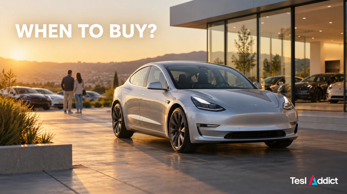 Silver Tesla outside a showroom at sunset with the headline When to Buy?