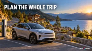Illustrative electric crossover charging beside a lakeside lodge beneath the headline PLAN THE WHOLE TRIP.