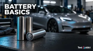 Illustrative cylindrical battery cells with an electric sedan behind them and the headline Battery Basics.