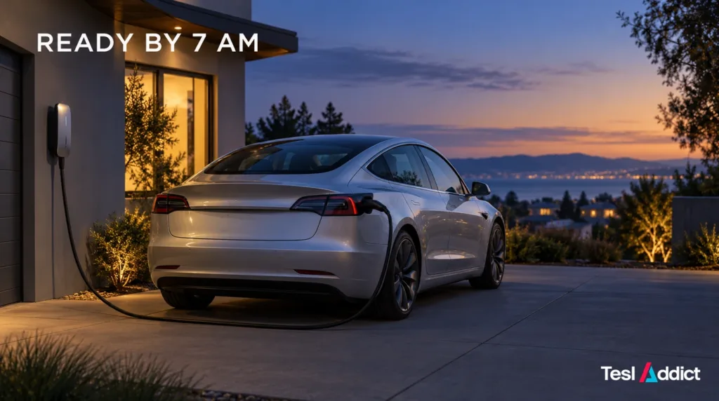 Silver Tesla connected to a home charger at dawn beneath the headline Ready by 7 AM.