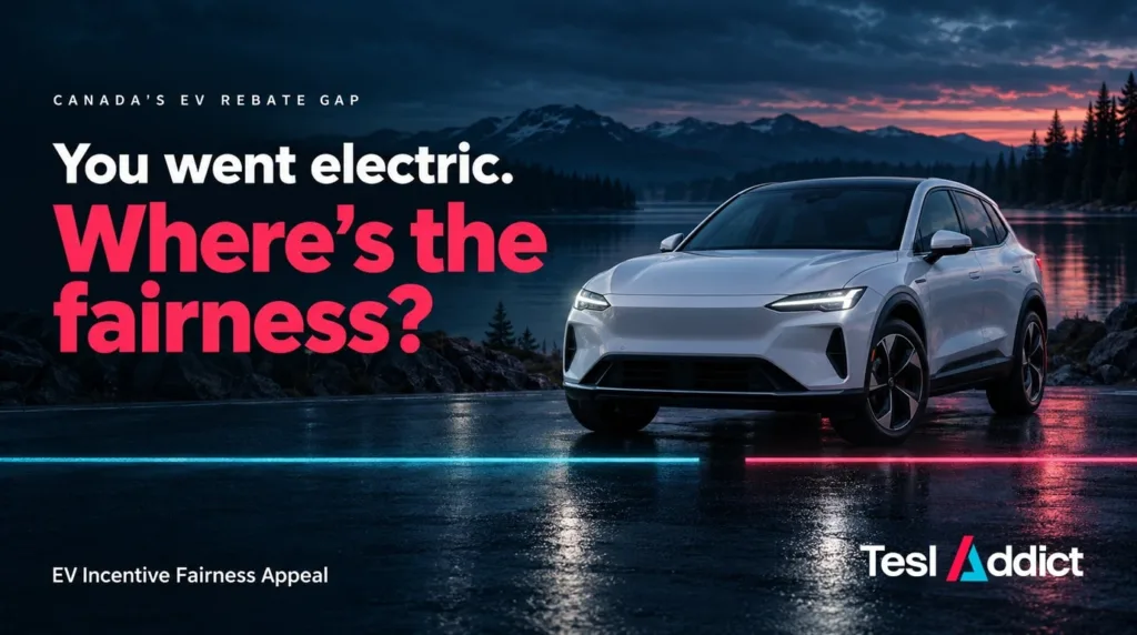 White electric SUV beside a mountain lake with the headline “You went electric. Where’s the fairness?”