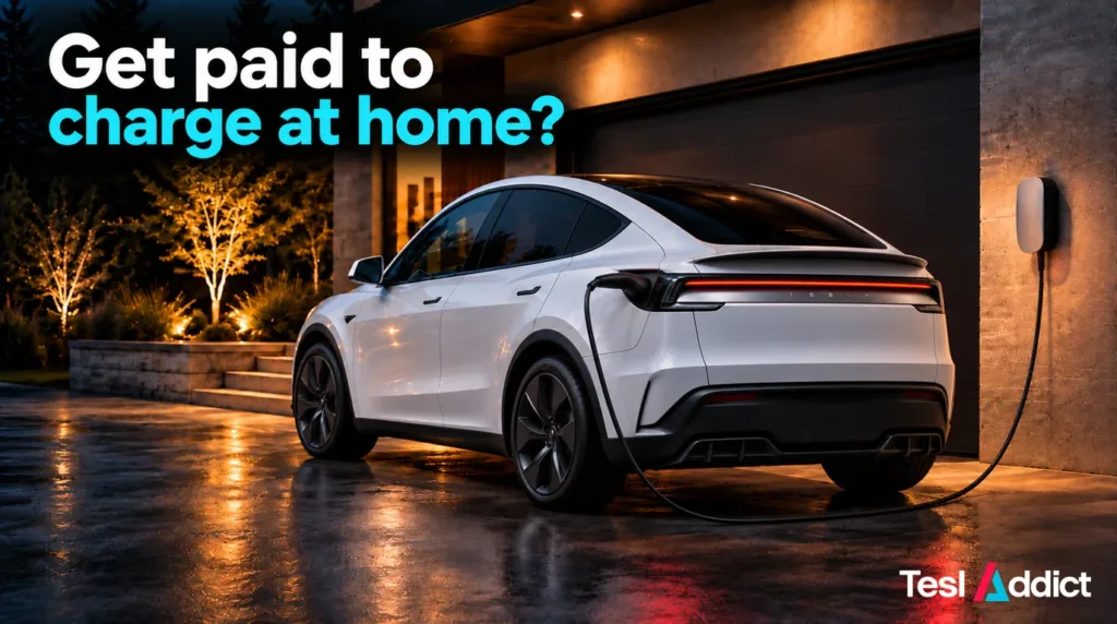 White Tesla charging at home at night beneath the headline “Get paid to charge at home?”